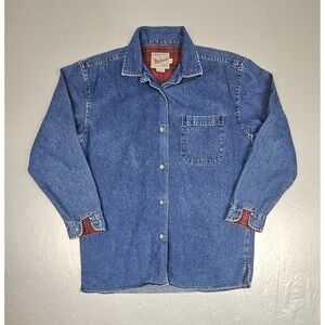 Vintage Woolrich Button Up Shirt Womens Blue Denim Barrel Cuff Flannel Accents